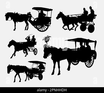 Carrozza con silhouette a cavallo. Buon uso per simboli, logo, icona web, mascotte, elementi di gioco, o qualsiasi progetto che desideri. Facile da usare, modificare o cambiare colore Illustrazione Vettoriale