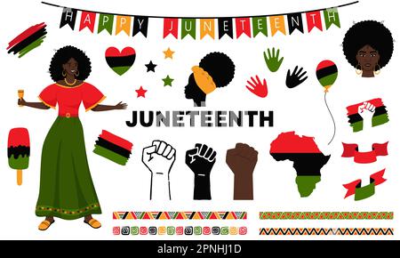 Set di elementi per la Giornata Nazionale dell'Indipendenza del Giunetseesimo. Storia Africana americana, segni della Giornata della libertà, simboli. Una donna, Un pugno clenched, Una silhouette Illustrazione Vettoriale