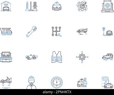 Collezione di icone delle linee di riparazione auto. Meccanica, motore, trasmissione, freni, sospensioni, Pneumatici, vettore di allineamento e illustrazione lineare. Batterie Illustrazione Vettoriale