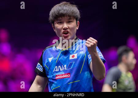 Macao, Cina. 19th Apr, 2023. Harimoto Tomokazu of Japan festeggia durante il singolo maschile di 16 match contro Wong Chun Ting of China's Hong Kong al WTT Champions Macao 2023 a Macao, Cina meridionale, il 19 aprile 2023. Credit: Cheong Kam Ka/Xinhua/Alamy Live News Foto Stock