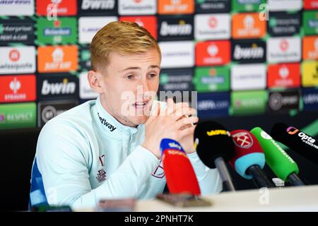 Flynn Downes di West Ham United durante una conferenza stampa presso il Rush Green Training Ground, Londra. Data immagine: Mercoledì 19 aprile 2023. Foto Stock