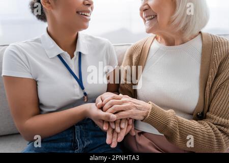 vista ritagliata di un lavoratore sociale multirazziale felice che tiene le mani con la donna anziana nel soggiorno Foto Stock