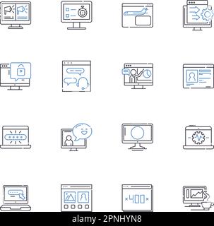 Collezione di icone della linea Infosfera. Dati, conoscenza, informazioni, tecnologia, connettività, Big data, vettore di analisi e illustrazione lineare. Internet Illustrazione Vettoriale