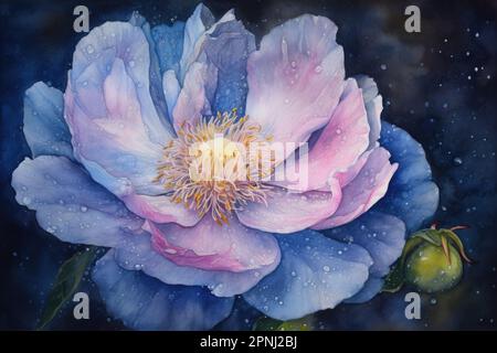 Dipingi una splendida immagine acquerello di un fiore di peonia con un cuore che assomiglia al mare Foto Stock