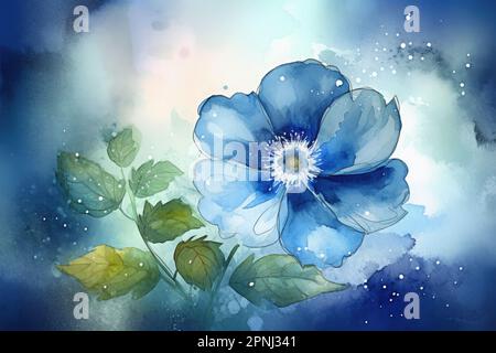 Crea un'illustrazione in acquerello di un fiore blu con un effetto romantico e incantevole, utilizzando morbidi lavaggi e accenti glitter per creare un sogno Foto Stock