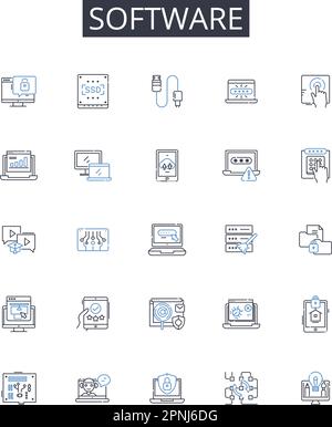 Raccolta di icone della riga software. Hardware, tecnologia, programma, applicazione, Codebase, Piattaforma, vettore di sistema e illustrazione lineare. Firmware Illustrazione Vettoriale