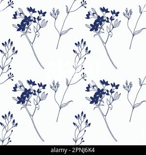 Ripetizione senza giunture. Fiori di campo e piante in blu scuro, disegnate a mano su una tavoletta su sfondo bianco. Adatto per la stampa su carta, tessuto, Incitat Illustrazione Vettoriale