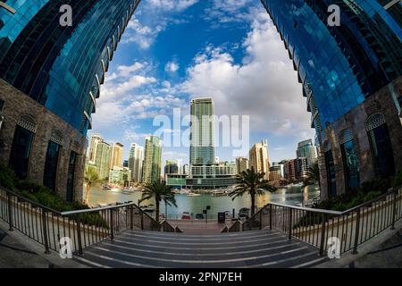 Vista grandangolare di edifici di appartamenti alti e hotel sull'acqua a Dubai Marina negli Emirati Arabi Uniti Foto Stock