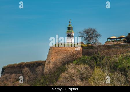 Novi Sad, Serbia - 24 marzo 2023: La torre dell'orologio bianca, uno dei più significativi monumenti e simboli della Fortezza di Petrovaradin e Novi Sad Foto Stock