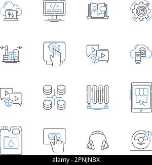 Collezione di icone della linea delle macchine. Meccanismo, gadget, automazione, attrezzatura, dispositivo, Motore, vettore robot e illustrazione lineare. Apparecchio, macchinario Illustrazione Vettoriale