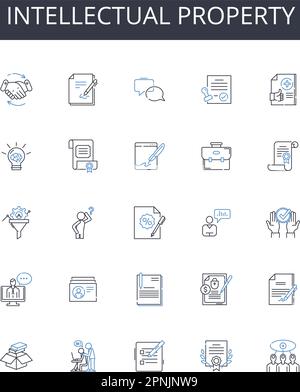 Collezione di icone della linea della proprietà intellettuale. Proprietà privata, diritti legali, diritto d'autore, segreti commerciali, invenzioni brevettate, Dati proprietari Illustrazione Vettoriale