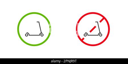 Icona della linea del calcio e dello scooter elettrico. Permesso e divieto di segnaletica stradale, parcheggio urbano strada. Illustrazione con isolamento piatto vettoriale Illustrazione Vettoriale
