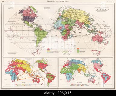 MONDO. Posto politico coloniale WW2. Razze e religioni. MAPPA BARTOLOMEO 1952 Foto Stock