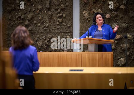 L'AIA - Paesi Bassi, 19/04/2023, leader del partito PvdD Esther Ouwehand alla Camera dei rappresentanti durante il dibattito con il ministro dell'azoto Christianne van der Wal sui 24 miliardi di euro che il gabinetto ha riservato per affrontare la crisi dell'azoto. ANP PHIL NIJHUIS olanda fuori - belgio fuori Foto Stock