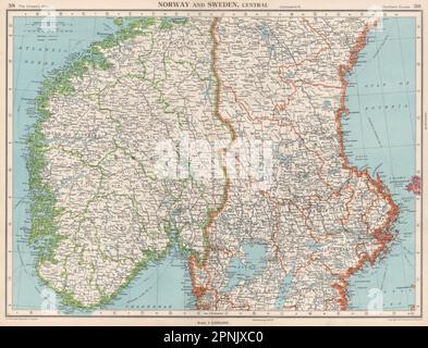 SCANDINAVIA. Norvegia e Svezia, Centro. Ferrovie. BARTOLOMEO 1952 vecchia mappa Foto Stock