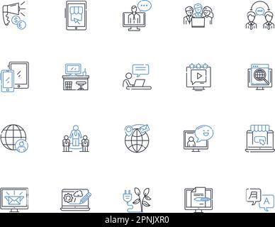 Collezione di icone digitali per la linea di rapporti. Connessione, comunicazione, fiducia, empatia, comprensione, Trasparenza, vettore di autenticità e lineare Illustrazione Vettoriale