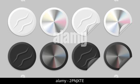 Collezione di adesivi olografici rotondi. Set di adesivi stile olografia iridescente, cerchi ricci scuri e chiari. Illustrazione vettoriale moderna Illustrazione Vettoriale