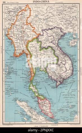 INDOCHINA. Birmania Siam Francese Indochina Malaya. BARTOLOMEO 1952 vecchia mappa Foto Stock