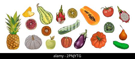 Set di cibi sani. Raccolta di frutta e verdura Illustrazione Vettoriale