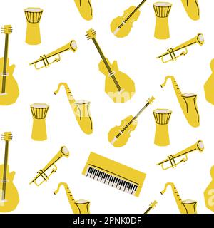 Motivo senza cuciture con illustrazione di strumenti musicali in stile di taglio colore giallo su sfondo bianco Illustrazione Vettoriale