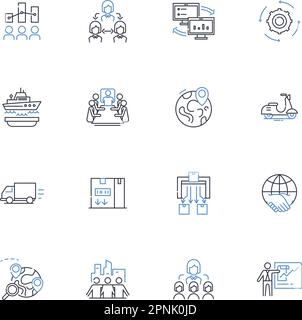 Parcelling fuori linea icone collezione. Distribuzione, allocazione, frazionamento, dispersione, partizionamento, Separazione, segmentazione vettoriale e lineare Illustrazione Vettoriale