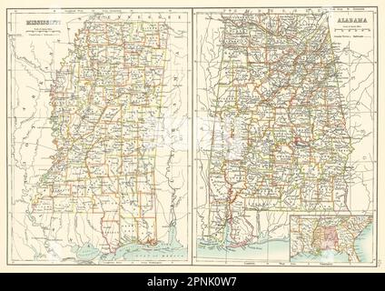 Alabama e Mississippi mappe di stato che mostrano le contee. BARTOLOMEO 1898 anni Foto Stock