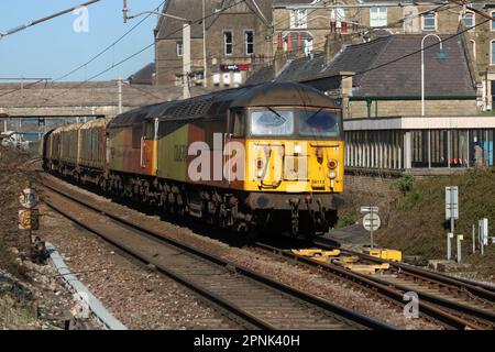 Colas trasporto ferroviario di classe 56 griglia diesel-elettrico Loco, 56113, 56049 doppio treno di tronchi sulla West Coast Main Line a Carnforth il 19th aprile 2023. Foto Stock