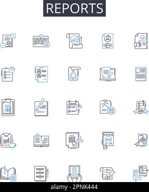 Raccolta di icone delle righe dei rapporti. Record, file, documenti, conti, Bollettini, Briefing, annunci vettoriali e illustrazione lineare. Riepiloghi Illustrazione Vettoriale