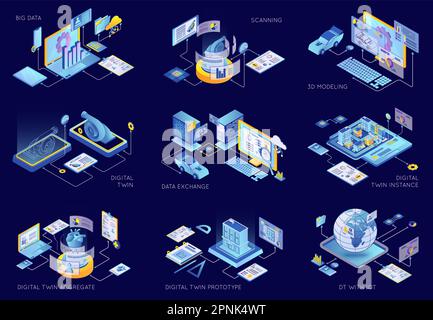 Set isometrico con tecnologia Digital Twin Types con processo di scansione e scambio di dati, illustrazione del vettore 3D isolato Illustrazione Vettoriale