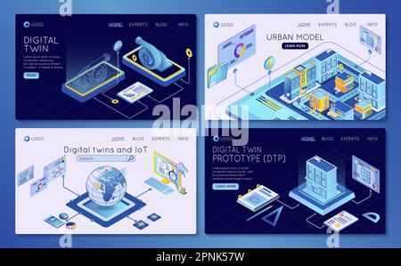 Digital twin Technology prototipo modello urbano internet delle cose banner web isometrici set vettore isolato illustrazione Illustrazione Vettoriale