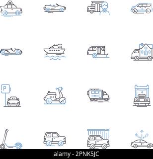 Raccolta di icone delle linee dei servizi di trasferimento. Navetta, Aeroporto, Transfer, Taxi, Chauffeur, Limousine, Ride Vector e illustrazione lineare. Servizio di prelievo, rientro, auto Illustrazione Vettoriale