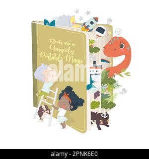 Carino Cartoon bambini in piedi vicino Open Book con Donosaur, Rocket, Boat Illustrazione Vettoriale