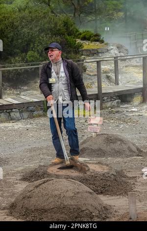 Un operaio scopre una fossa geotermica chiamata fumarola usata per preparare Cozido das Furnas, un iconico stufato portoghese al lago Furnas sull'isola delle Azzorre di Sao Miguel a Furnãs, Portogallo. La pentola di ingredienti viene abbassata nella bocca vulcanica la mattina e cinque ore dopo rimossa e servita in ristoranti locali. Foto Stock