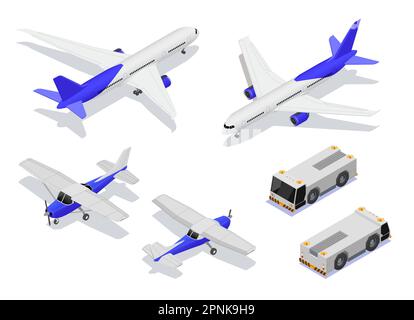 Servizio di manutenzione degli aerei Servizio di riparazione isometrica con immagini isolate di aerei e veicoli a spinta aeroportuali illustrazione vettoriale Illustrazione Vettoriale