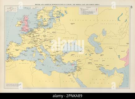 Rappresentanza diplomatica britannica e americana Europa Medio Oriente Maghreb 1952 mappa Foto Stock