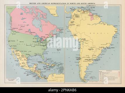 Rappresentanza diplomatica britannica e americana in Nord e Sud America 1952 mappa Foto Stock