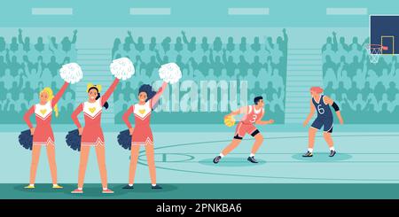 Concetto piatto di vita del campus studentesco con gioco di basket in figura vettoriale dello stadio universitario Illustrazione Vettoriale