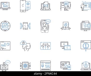 Raccolta di icone della riga di sistema. Integrazione, ottimizzazione, automazione, complessità, efficienza, Funzionalità, interconnettività vettoriale e lineare Illustrazione Vettoriale