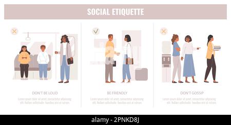 L'etiquette regola l'insieme infografico piatto delle composizioni con i caratteri umani del doodle che sono illustrazione amichevole tranquilla e rispettosa del vettore Illustrazione Vettoriale