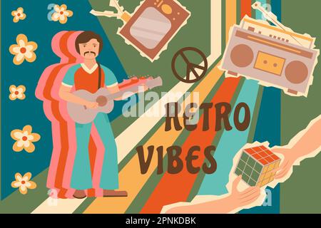 Generazioni di persone composizione con collage di baby boomers piano hippie simboli fiori tv set e testo vettore illustrazione Illustrazione Vettoriale