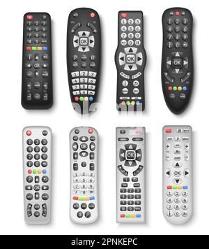 Telecomando TV nero e argento di diversi modelli Set realistico isolato vettore illustrazione Illustrazione Vettoriale