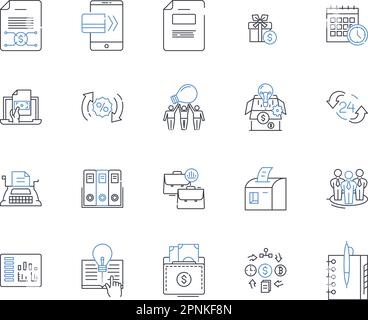 Collezione icone della linea di negoziazione titoli. Azioni, Obbligazioni, Future, Opzioni, Scambio, Azioni, vettore di valuta e illustrazione lineare. Ordine, intermediazione Illustrazione Vettoriale