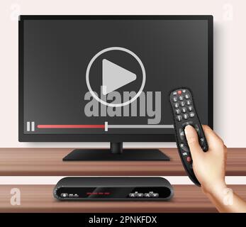 Tecnologia televisiva moderna sfondo realistico con Smart TV e telecomando in mano umana ferma la trasmissione video vettore illustrazione Illustrazione Vettoriale