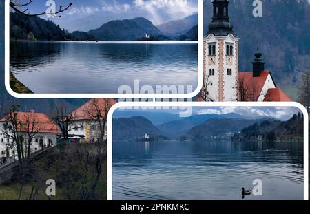 Il Lago di Bleed si trova nelle Alpi Giulie in Slovenia è una destinazione turistica popolare, con un castello medievale, un'isola con una chiesa e una bella natura Foto Stock