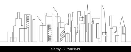 Disegno a linea continua di casa, concetto di edificio residenziale. Paesaggio panoramico di architettura metropoli, grattacieli. Illustrazione Vettoriale