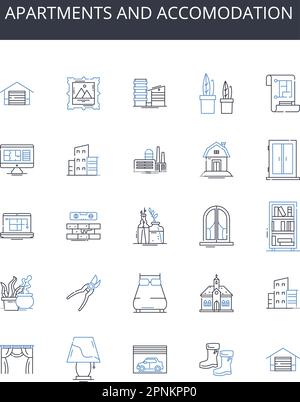 Appartamenti e linea di alloggi collezione icone. Skyline e orizzonte, Shelter e casa, edificio e struttura, proprietà e proprietà, Residency e. Illustrazione Vettoriale