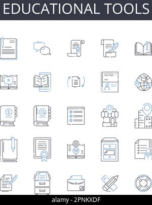 Collezione di icone della linea di strumenti didattici. Sussidi didattici, risorse accademiche, materiali didattici, attrezzatura didattica, strumenti di conoscenza, Studi di sostegno Illustrazione Vettoriale