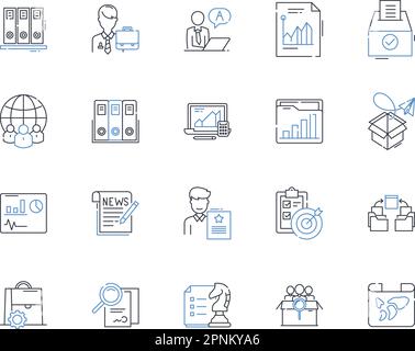 Raccolta di icone delle linee di lavoro dell'ufficio. Collaborazione, scadenze, riunioni, produttività, comunicazione, Attività, vettore di efficienza e illustrazione lineare Illustrazione Vettoriale