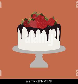 Dolce torta al cioccolato Dessert con fragole linea piatta minimal contorno colorato e icona Stroke pittogramma Illustrazione Vettoriale
