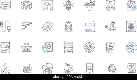 Implementare la raccolta di icone della linea di macchinari. Automazione, Meccanica, produzione, produzione, assemblaggio, Robotica, vettore di efficienza e lineare Illustrazione Vettoriale